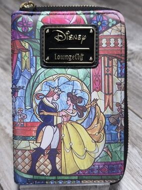 Loungefly Disney Belle & Beast Stained Glass 5 Slot Mini Zip Around Wallet